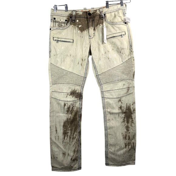Rock Revivial Callan Biker straight leg jeans Cream distressed embroidered sz 40